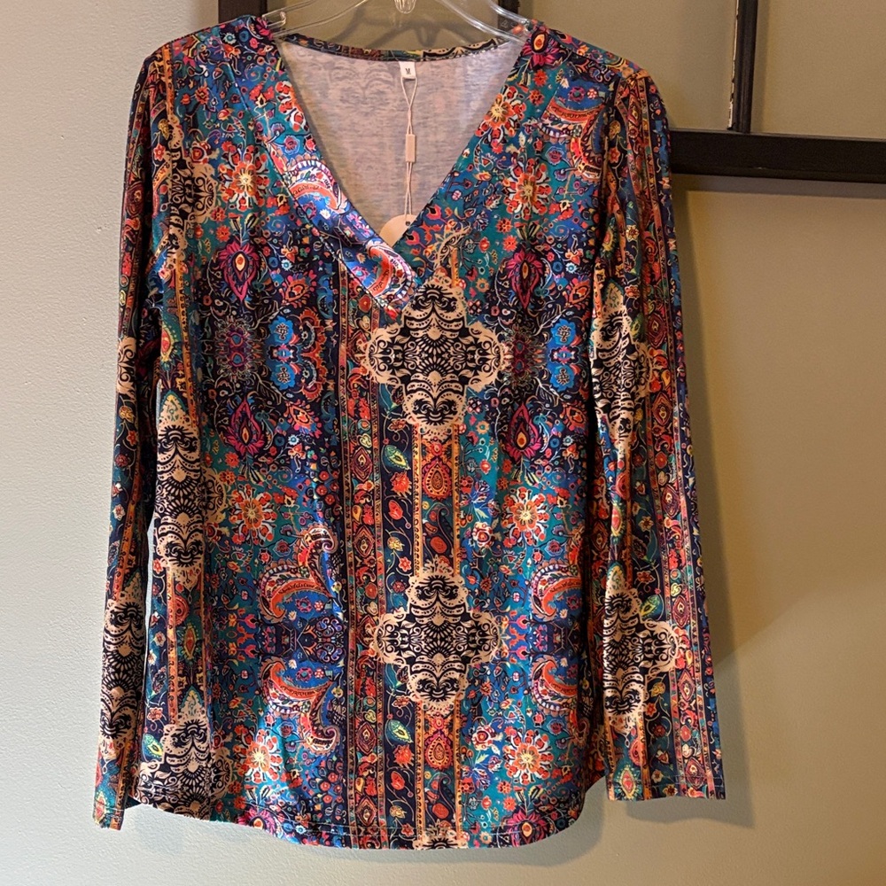 Paisley V-Neck Long Sleeve Top - Teal Multi
